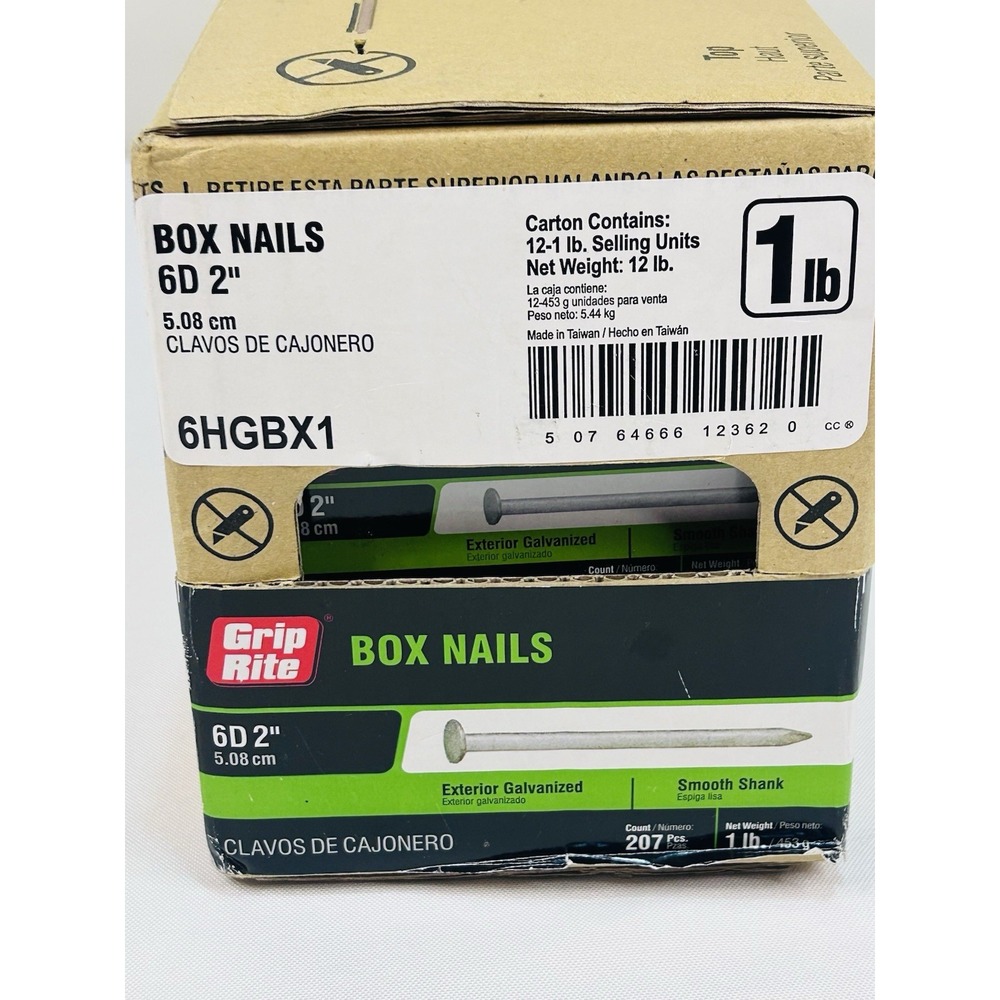 Grip Rite Fasteners Box Nails 6D 2" 6HGBX1 12 1lb Selling Units 12Lbs of Nails